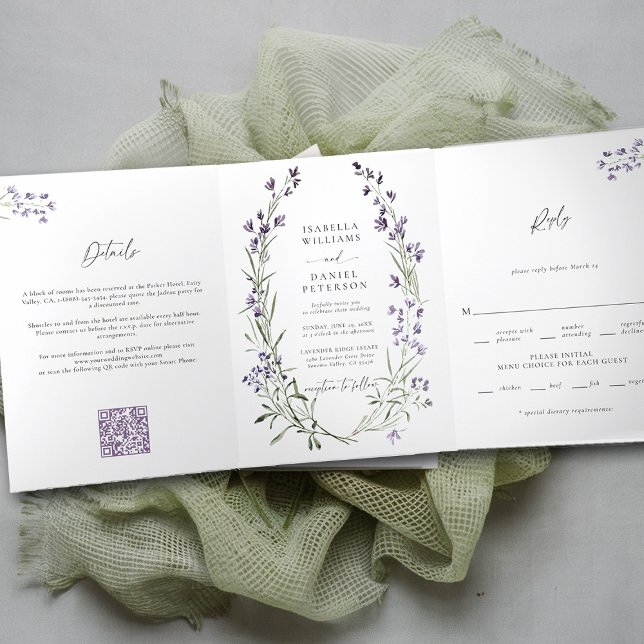 Rustic Lavender Simple Elegant All in One Wedding Tri-Fold Invitation (lavender wedding invitation provence wreath modern classic elegant watercolor theme trifold all one)