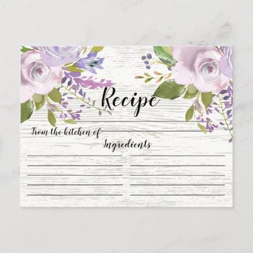 Rustic Lavender Watercolor Floral Recipe Card