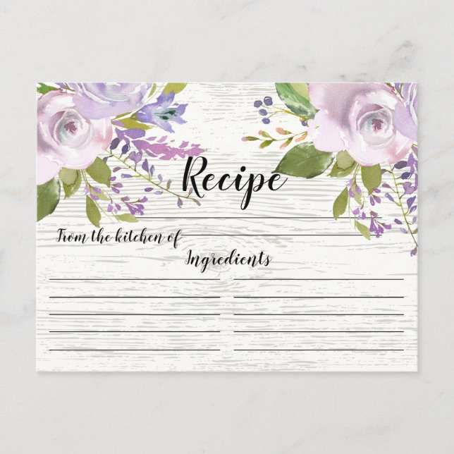 Rustic Lavender Watercolor Floral Recipe Card (Front)
