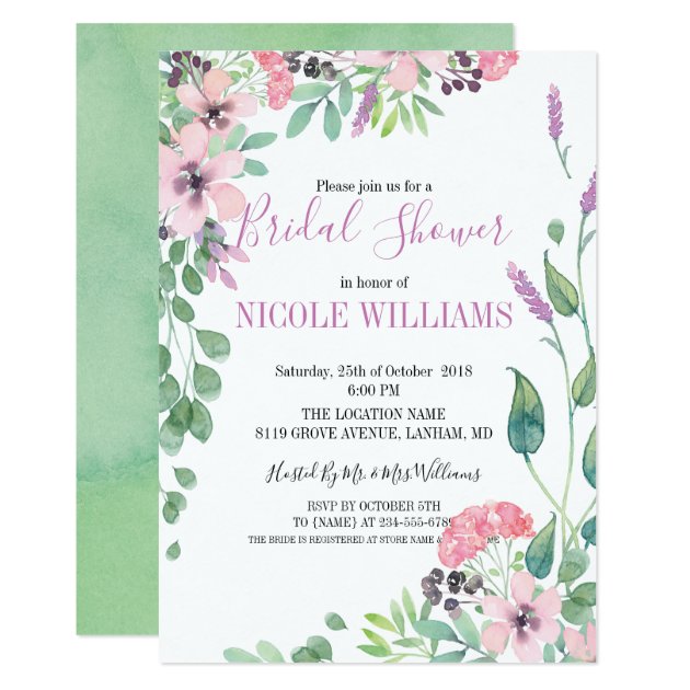 RUSTIC Lavender Watercolor Flowers  Bridal Shower Invitation