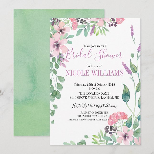 RUSTIC Lavender watercolor flowers  Bridal Shower Invitation (Front/Back)