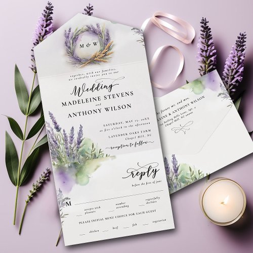 Rustic Lavender Watercolor Modern Romantic Wedding All In One Invitation