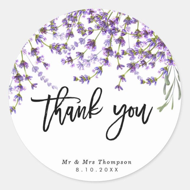 rustic lavender wedding thank you sticker (Front)