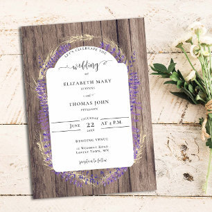 Rustic Lavender Wheat Floral Frame Wood Wedding Invitation