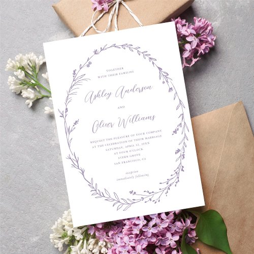Rustic Lavender White Wildflower Wreath Wedding Invitation