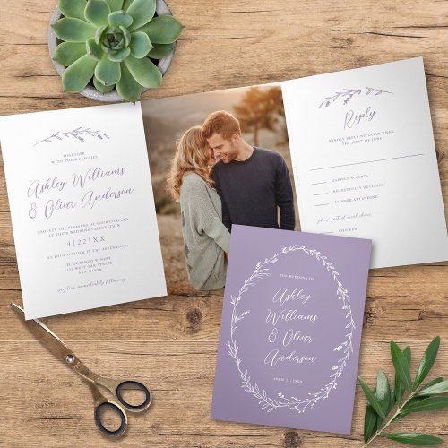 Rustic Lavender Wildflower Boho Photo Wedding Tri_Fold Invitation