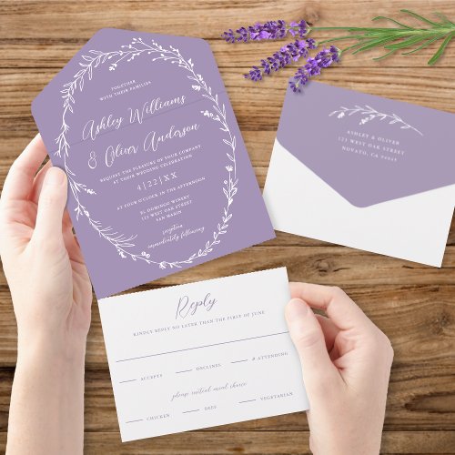 Rustic Lavender Wildflower Wreath Boho Wedding All In One Invitation