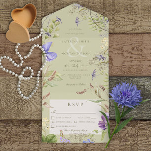 Rustic Lavender Wildflowers Sage Green Dinner All In One Invitation