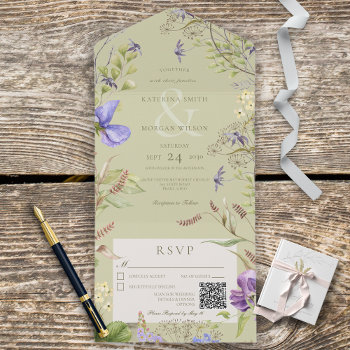 Rustic Lavender Wildflowers Sage Green Qr Code All In One Invitation by SimplyFarmhousePress at Zazzle