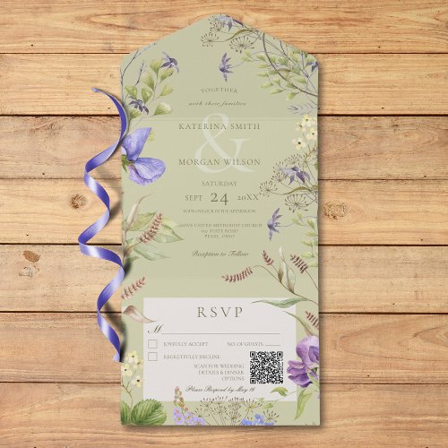 Rustic Lavender Wildflowers Sage QR Code All In One Invitation