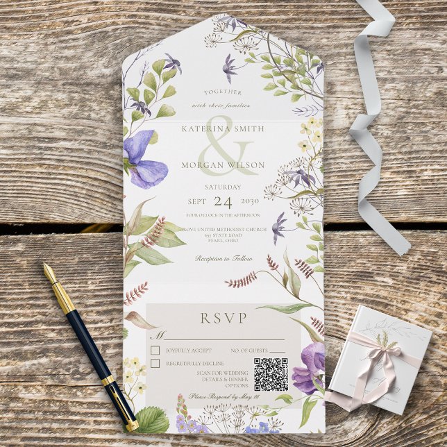 Rustic Lavender Wildflowers White QR Code All In One Invitation (Creator Uploaded)