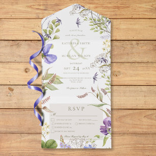 Rustic Lavender Wildflowers White Three Dinner All In One Invitation