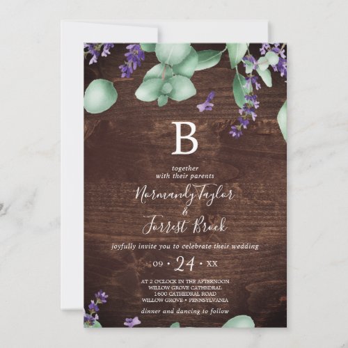 Rustic Lavender  Wooden Monogram Wedding Invitation