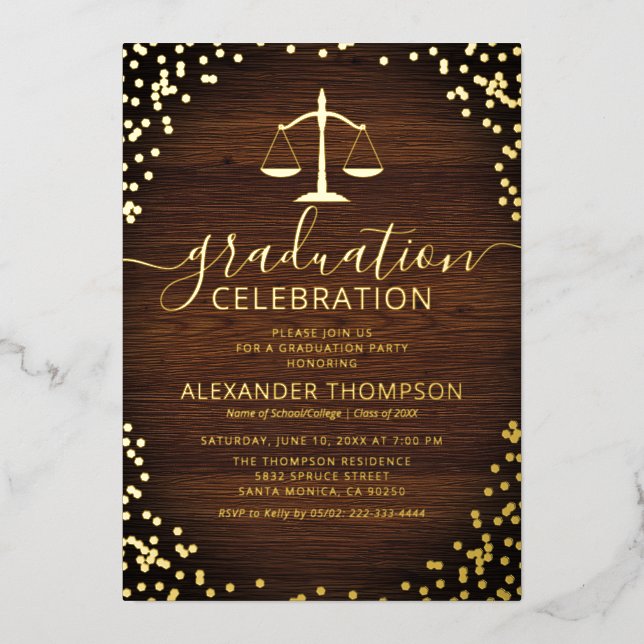 Rustic Law School Graduation Real Gold Foil Invitation (Front)