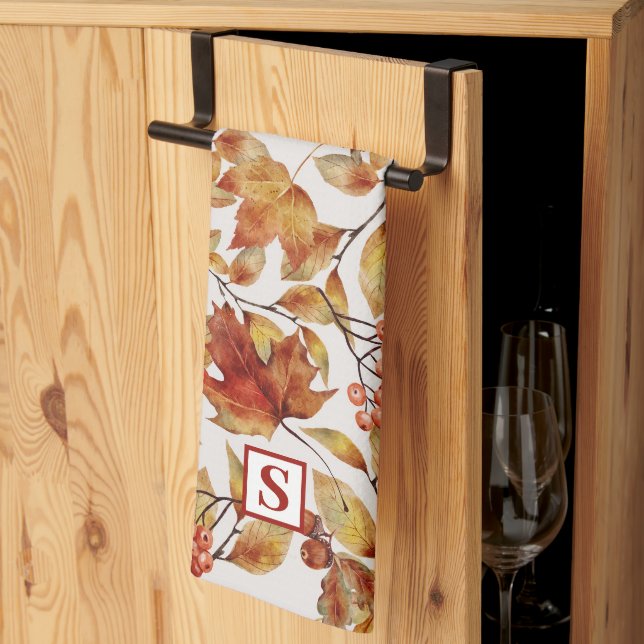 Rustic Leaf Autumn Monogram  Kitchen Towel (Thirds Fold)