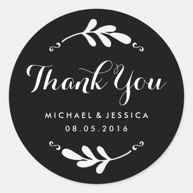 Rustic Leaf Black White Wedding Thank You Sticker (Front)