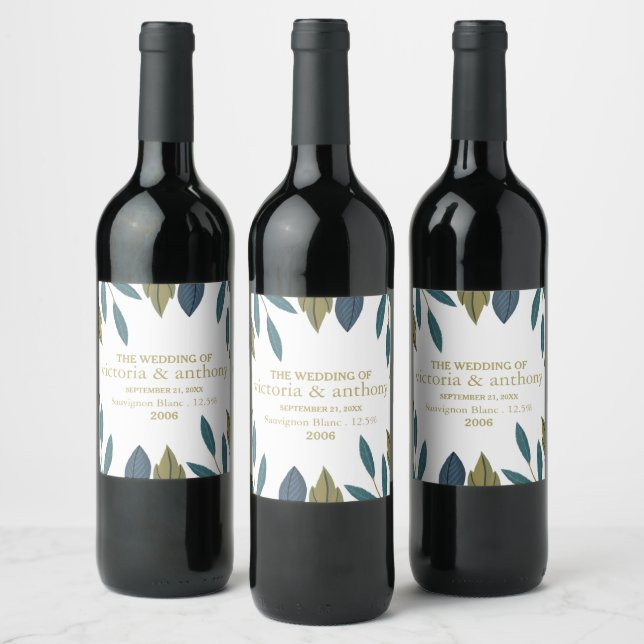 Rustic Leaf Floral Wedding Wine Label (Bottles)