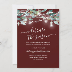 Rustic Leaf Lights Red Christmas Party Invitation