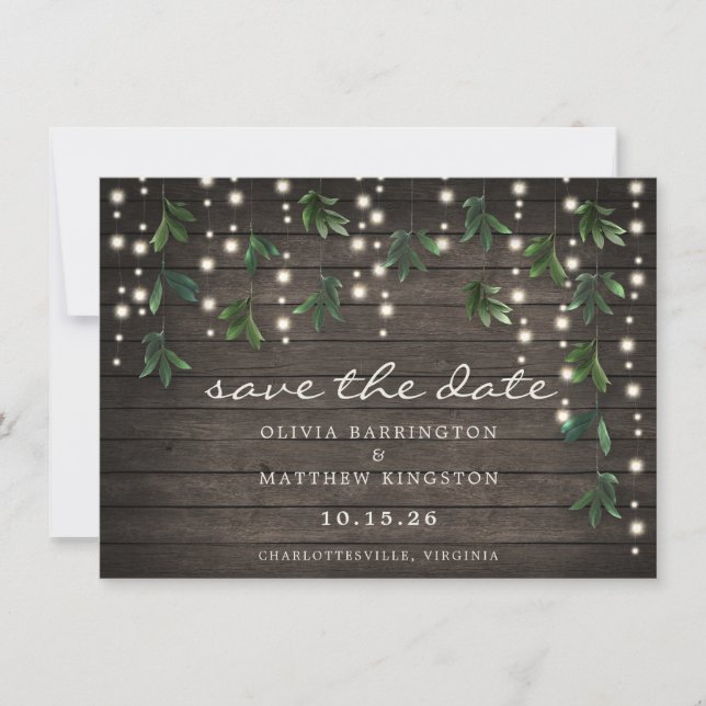 Rustic Leaf String Lights Photo Save the Date  (Front)