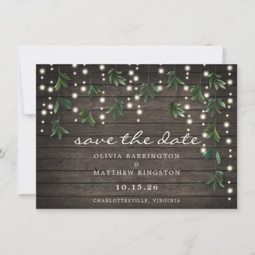 Rustic Leaf String Lights Photo Save the Date 
