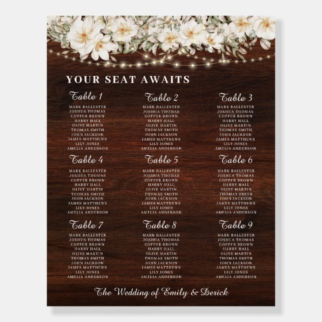 Rustic Leaf String lights Wedding Seating Chart Foam Board (Front)