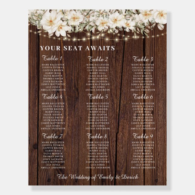 Rustic Leaf String lights Wedding Seating Chart Foam Board (Front)