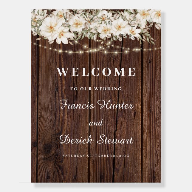 Rustic Leaf String lights Wedding Welcome Sign (Front)