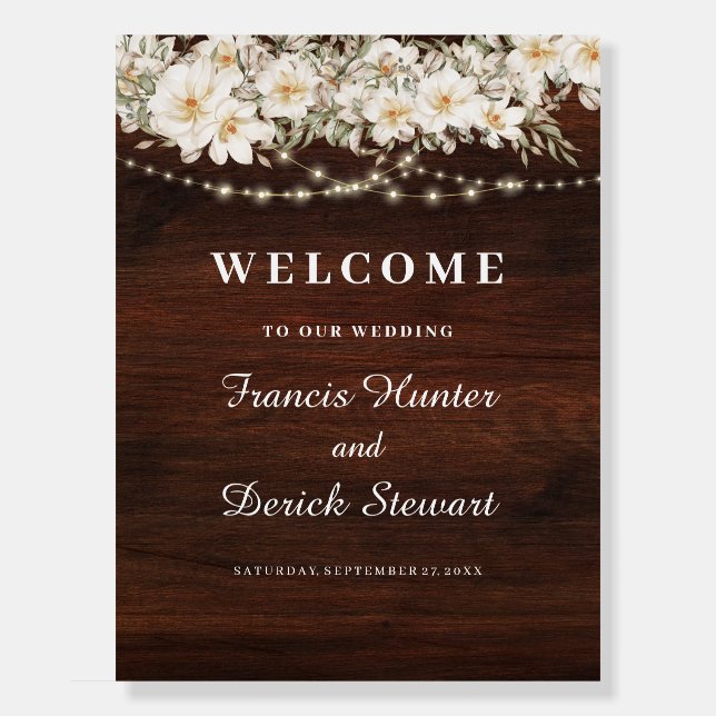 Rustic Leaf String lights Wedding Welcome Sign (Front)