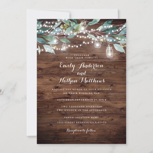 Rustic Leaf String lights Wood Wedding Invitation (Front)