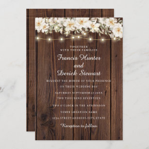 Rustic Leaf String lights Wood Wedding Invitation