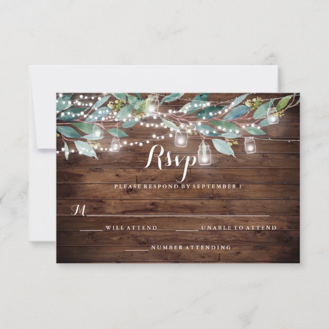 Rustic Leaf String lights Wood Wedding RSVP Card (Front)