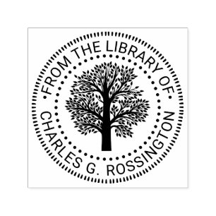 Rustic Leafy Family Tree Rnd Library Book Name Self-inking Stamp