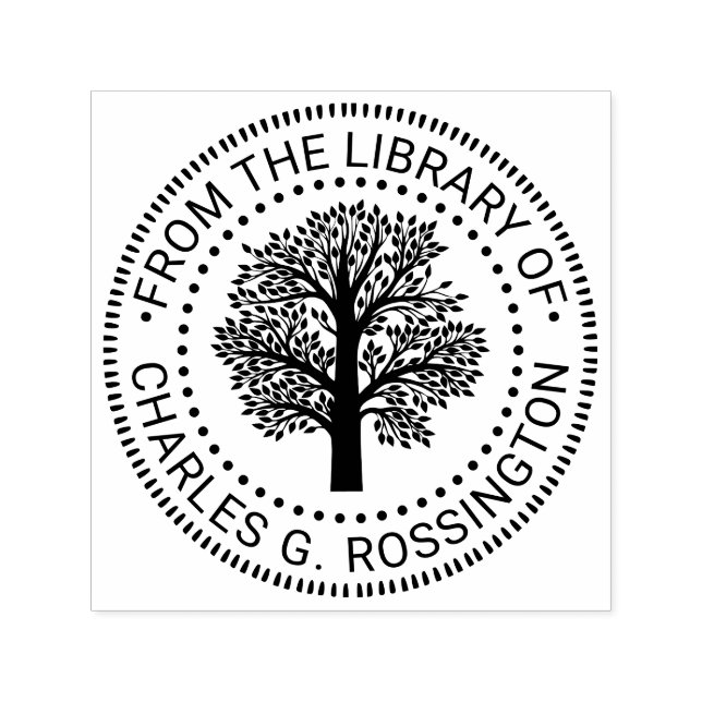 Rustic Leafy Family Tree Rnd Library Book Name Self-inking Stamp (Design)