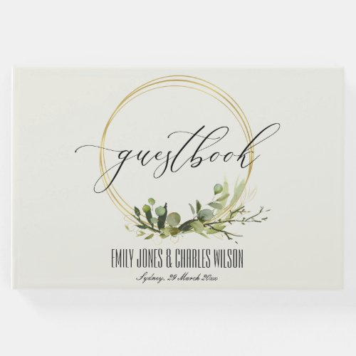 RUSTIC LEAFY GREEN GOLD FOLIAGE WATERCOLOR WEDDING GUEST BOOK