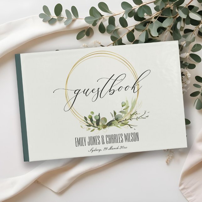 RUSTIC LEAFY GREEN GOLD FOLIAGE WATERCOLOR WEDDING GUEST BOOK (Creator Uploaded)