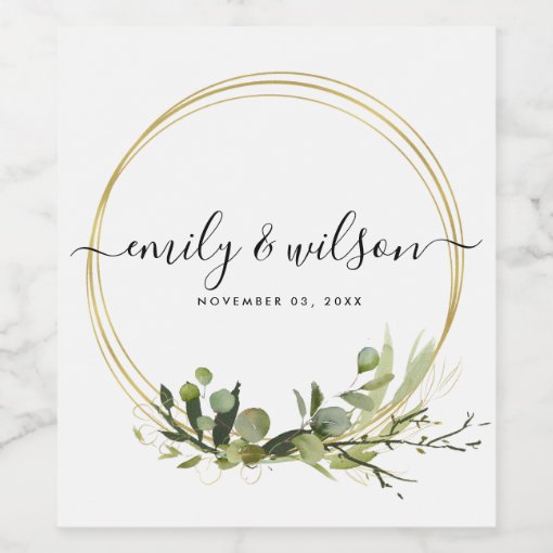 RUSTIC LEAFY GREEN GOLD FOLIAGE WATERCOLOR WEDDING WINE LABEL | Zazzle