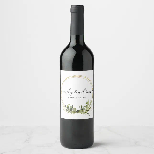 RUSTIC LEAFY GREEN GOLD FOLIAGE WATERCOLOR WEDDING WINE LABEL | Zazzle