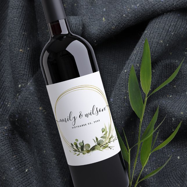 RUSTIC LEAFY GREEN GOLD FOLIAGE WATERCOLOR WEDDING WINE LABEL (Creator Uploaded)