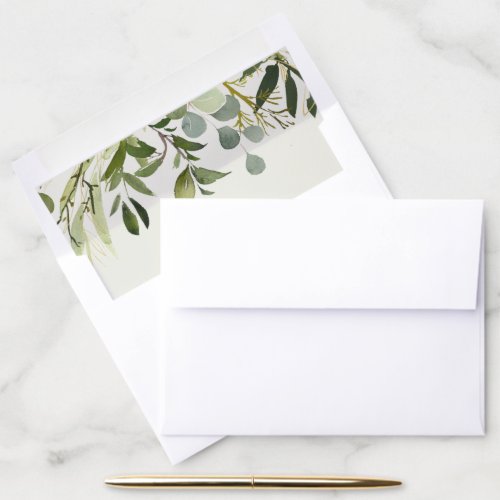 RUSTIC LEAFY GREEN GOLD FOLIAGE WHITE WATERCOLOR ENVELOPE LINER