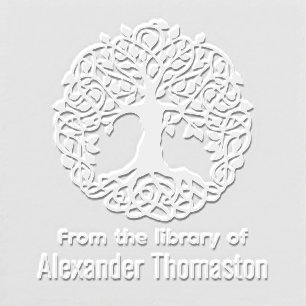 Rustic Leafy Tree with Roots Library Book Name Embosser