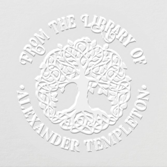 Rustic Leafy Tree with Roots Rnd Library Book Name Embosser (Design)