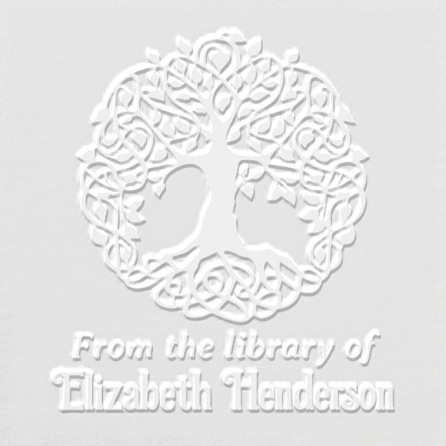 Rustic Leafy Tree with Roots SQ Library Book Name Embosser (Design)