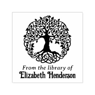 Rustic Leafy Tree with Roots SQ Library Book Name Self-inking Stamp
