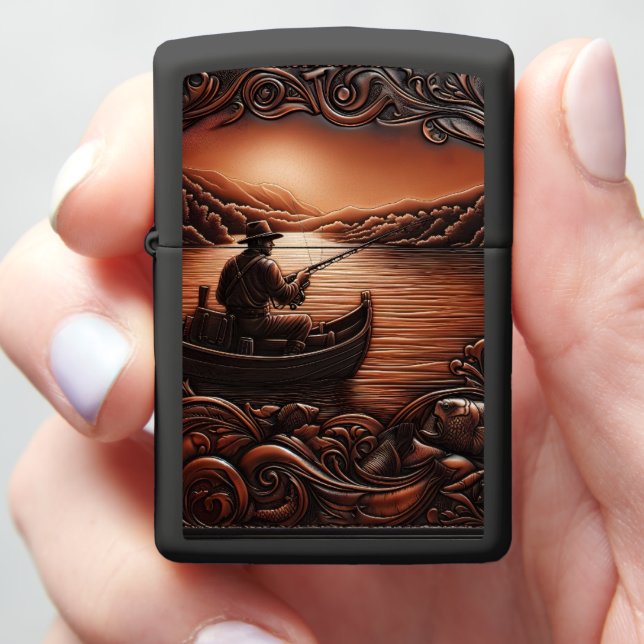 Rustic Leather Angler Boat Artwork Zippo Lighter (In Hand)