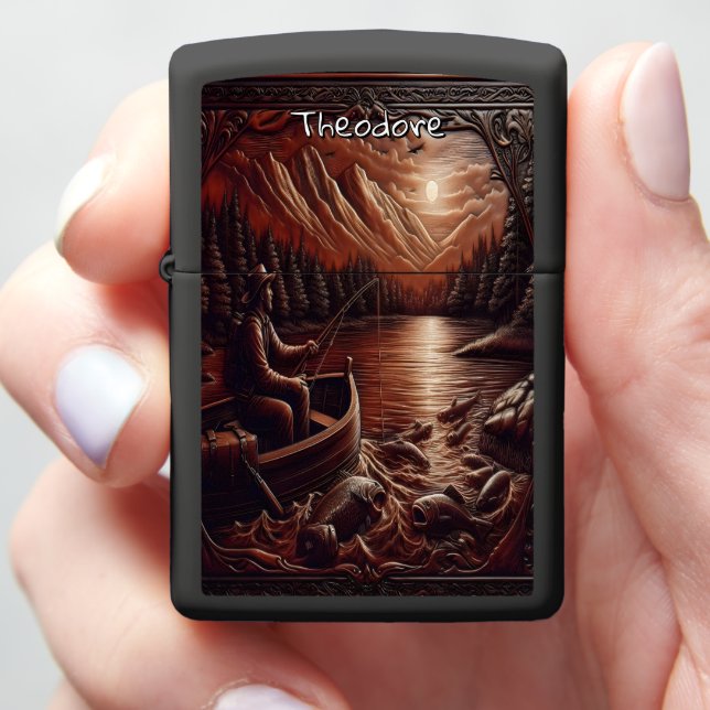 Rustic Leather Angler Lake Design Zippo Lighter (In Hand)