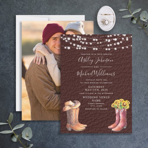 Rustic Leather Boots Hat Country Photo Wedding Invitation