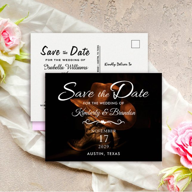 Rustic Leather Cowboy Boots Save the Date Wedding Announcement Postcard (Creator Uploaded)