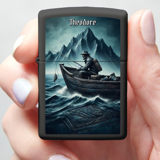 Rustic Leather Ocean Mountain Angler Zippo Lighter (In Hand)