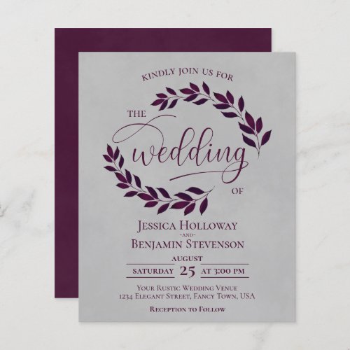Rustic Leaves Cassis on Gray BUDGET Wedding Invite