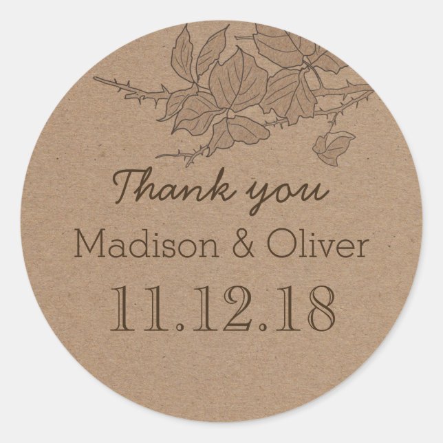 Rustic Leaves Country Wedding Thank You Classic Round Sticker (Front)